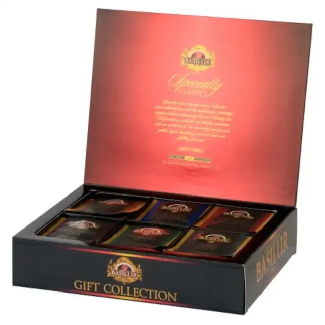 otwarte opakowanie herbat basilur specialty classics, gift box