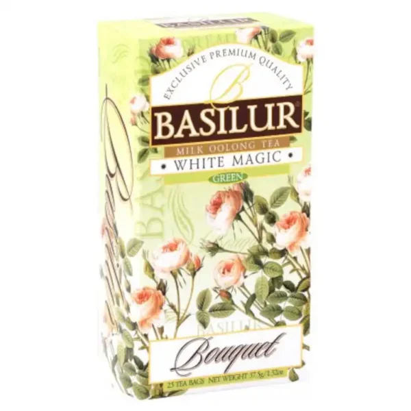 opakowanie zielonej herbaty basilur white magic w saszetkach