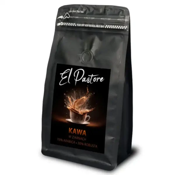 1kg, czarne opakowanie kawy ziarnistej el pastore 100% arabica