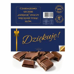 czekolada mleczna w opakowaniu w granatowym kolorze i złotym napisem - dziękuję