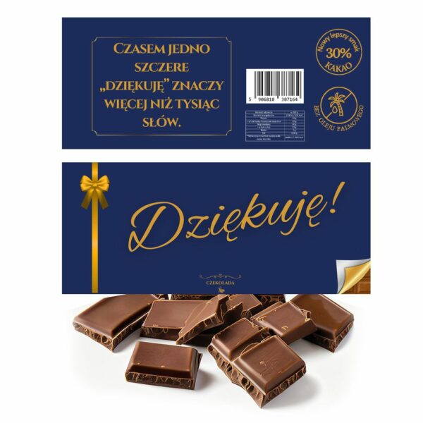 czekolada mleczna w opakowaniu w granatowym kolorze i złotym napisem - dziękuję