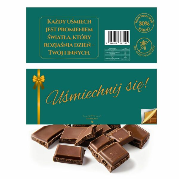 czekolada mleczna w opakowaniu w zielonym kolorze i złotym napisem - uśmiechnij się