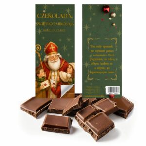 czekolada mleczna, zielona etykieta świąteczna ze św. Mikołajem