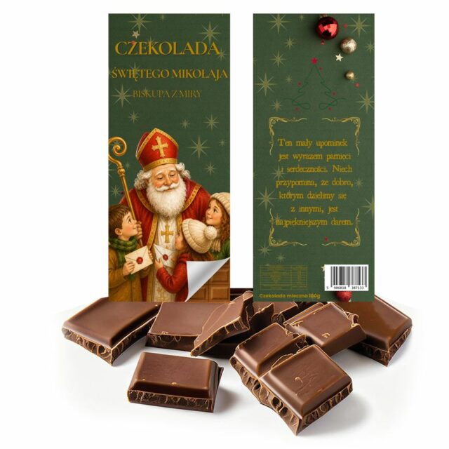 czekolada mleczna, zielona etykieta świąteczna ze św. Mikołajem